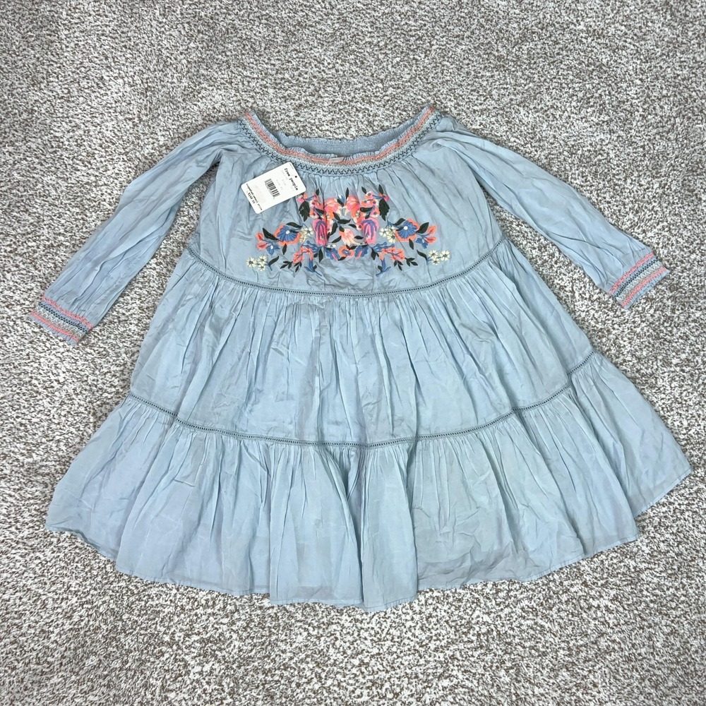 Free People Dress Womens XS Blue Embroidered Off Shoulder Boho Swing Tiered